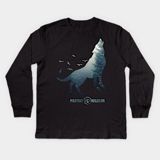 Protect Wildlife - Nature - Wolf Silhouette Kids Long Sleeve T-Shirt